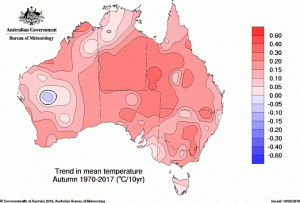 Map of autumn temperatures showing increased means since 1970.