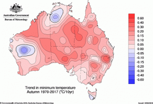 Map of autumn temperatures showing increased minimums since 1970.